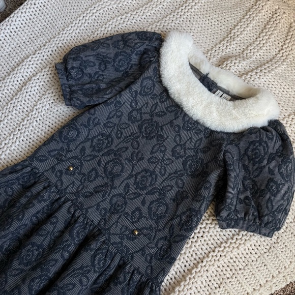 NWT Janie and Jack Faux Fur Collar Floral Jacquard Dress - Picture 6 of 7